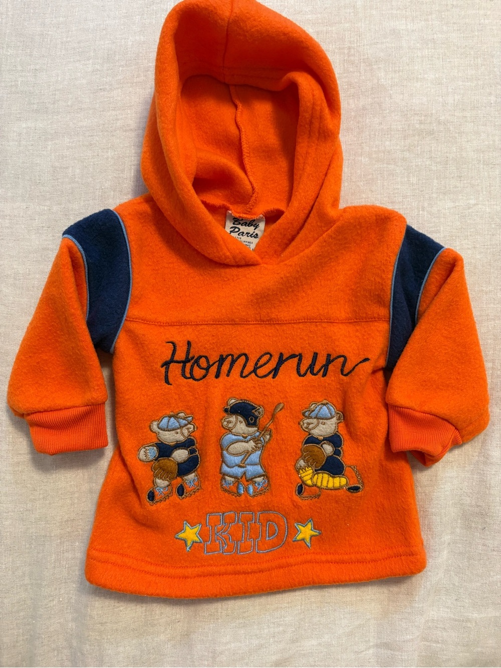 Vintage Baby Paris Orange Baseball Fleece Hoodie Pullover Size 3-6 Months